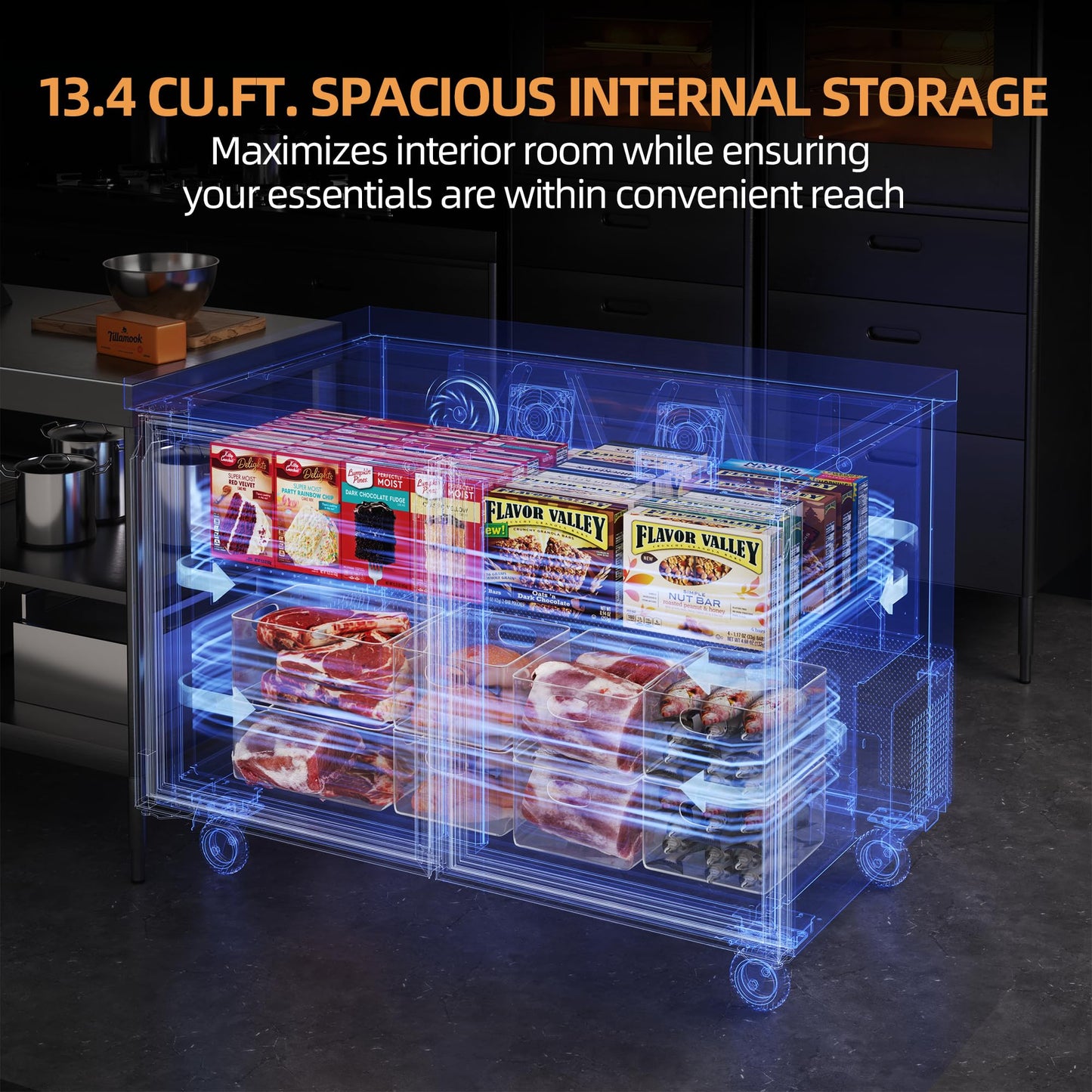 Coolski 48”W Commercial Freezer Undercounter Worktop, 13.4 Cu.ft. Stainless Steel Worktop Food Prep Freezer, -13℉to -5℉, Double Door 2 Shelves Fridge for Restaurant/Bar/Diner/Kitchen Use