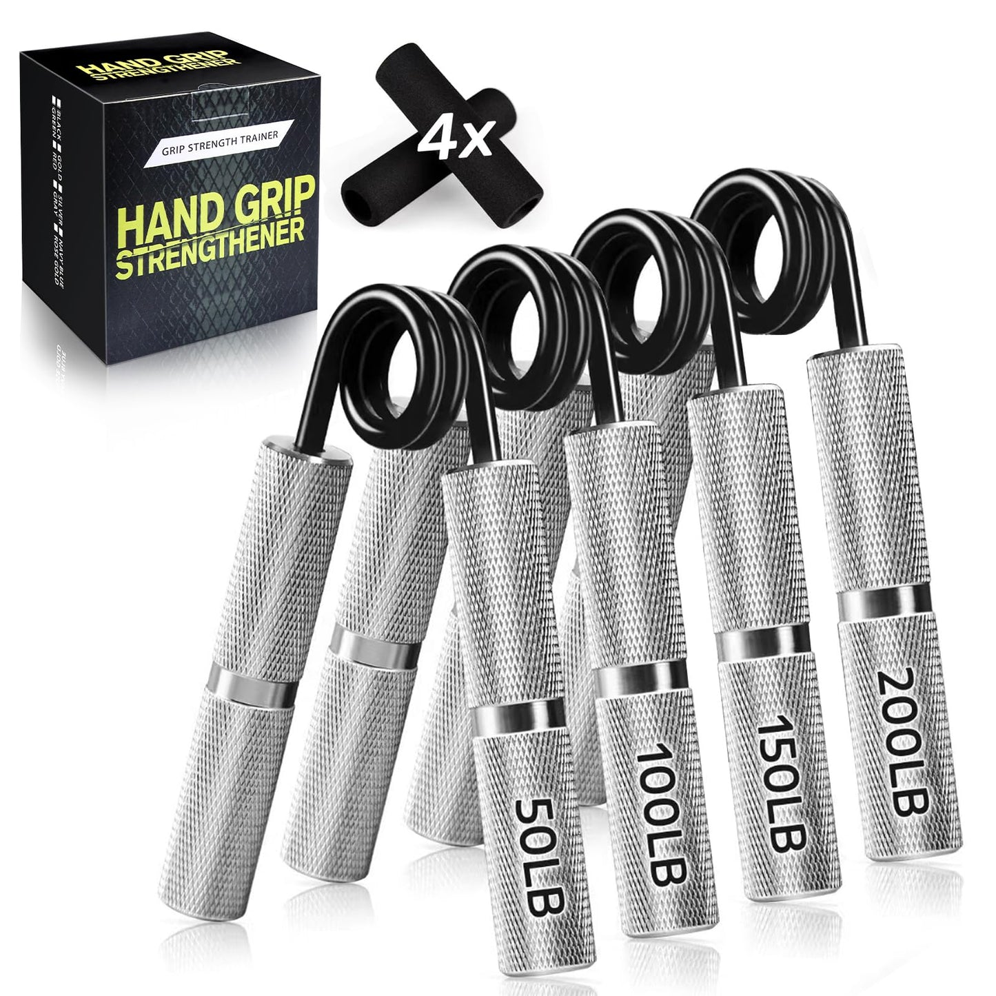 UUJOME Hand Gripper Strengthener Set 4pcs (50lb+100lb+150lb+200lb) - Metal Grip Strength Trainer Slip Resistant - Grip Trainer Forearm Strengthener for Muscle Building, Hand Sensitivity Training