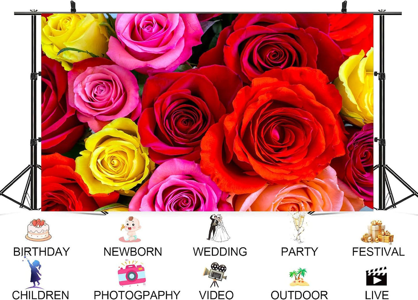 UPXIO 9x6ft Colorful Rose Bouquet Backdrop Mixed Red Pink Yellow Roses Photo Background Tapestry for Valentine's Day
