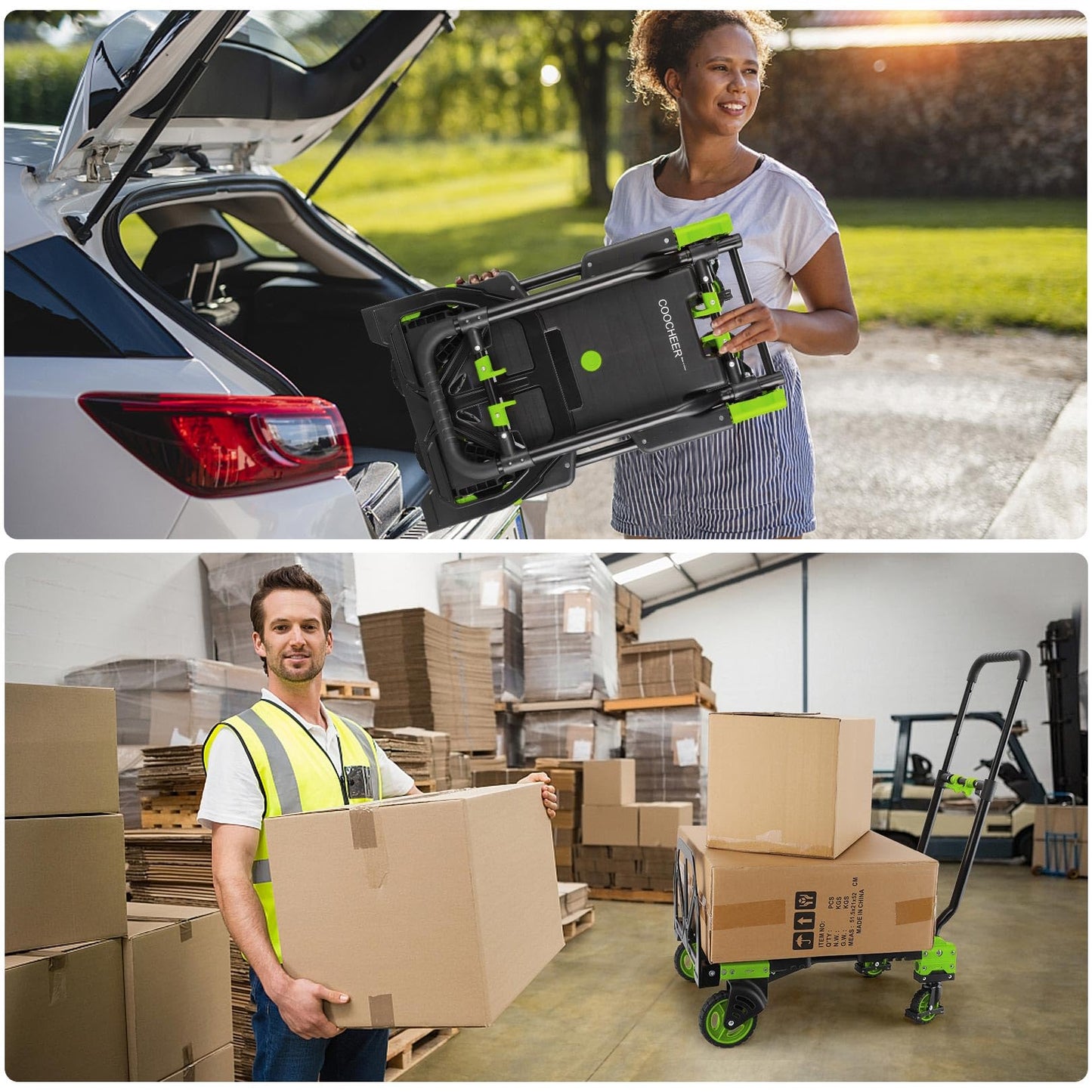 330LB Folding Hand Truck Heavy Duty Carrying, Combination of Four Wheels and Two Wheels Convertible Dolly Cart with Retractable Handle Dolly for Moving Office Carts(Green)