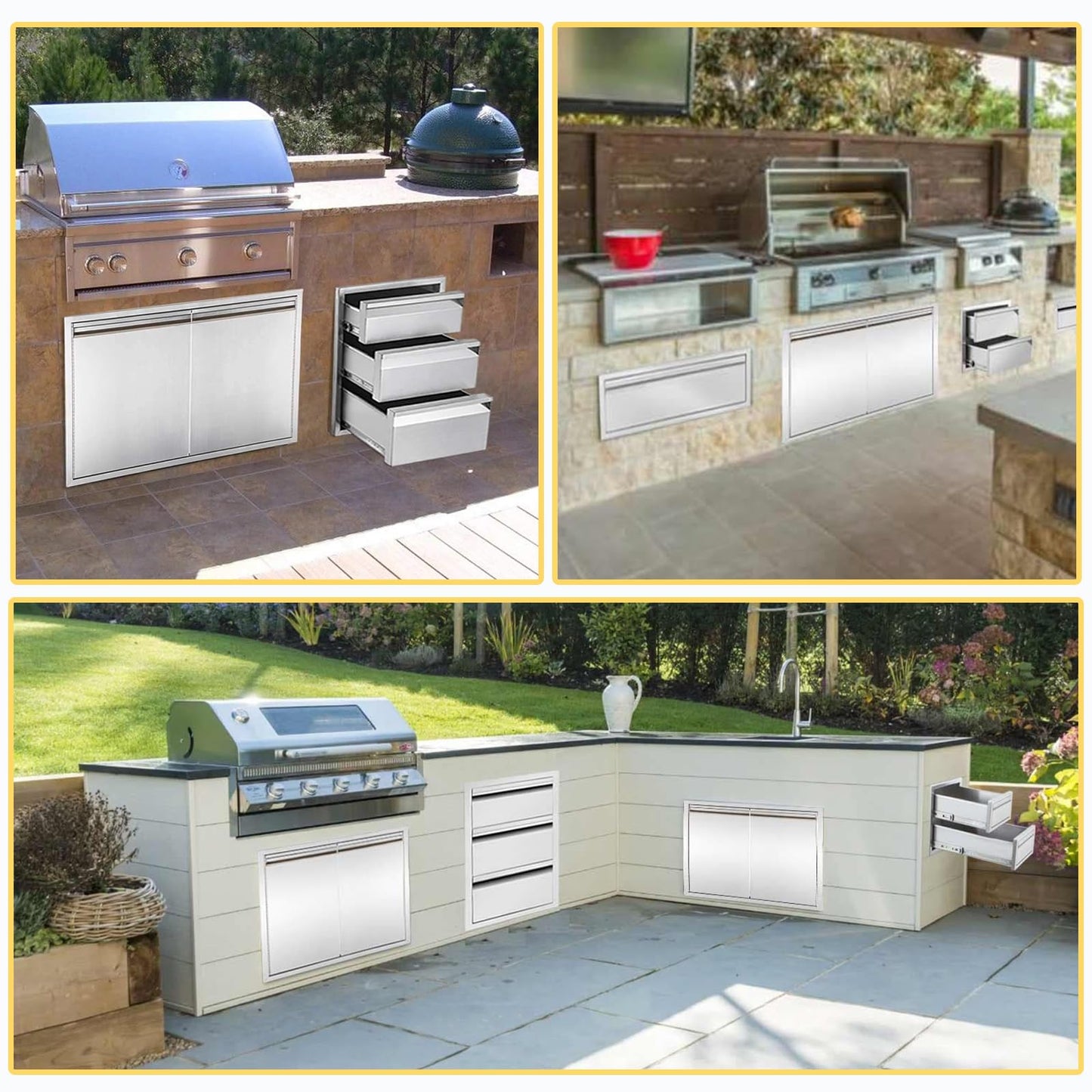 Outdoor Kitchen Drawers 16" W x 21" H x 23" D Triple BBQ Drawers Stainless Steel Built-in Drawer for Patio Grill Station or Outdoor Kitchen Island