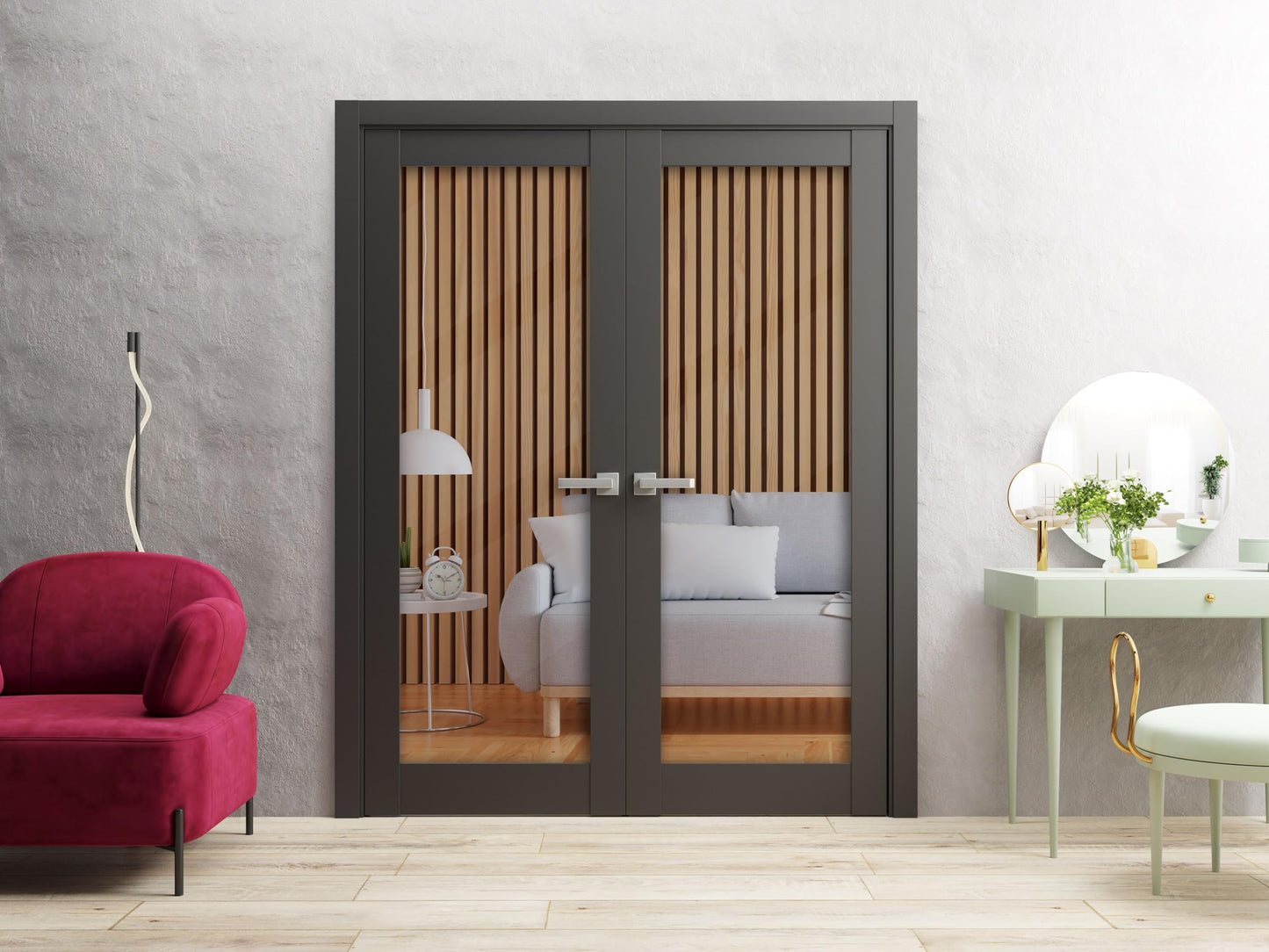 SARTODOORS Lucia 2166 | Double Swing Interior French Doors with Glass, Solid Wood, Hardware Included, 56x80, Black, Modern
