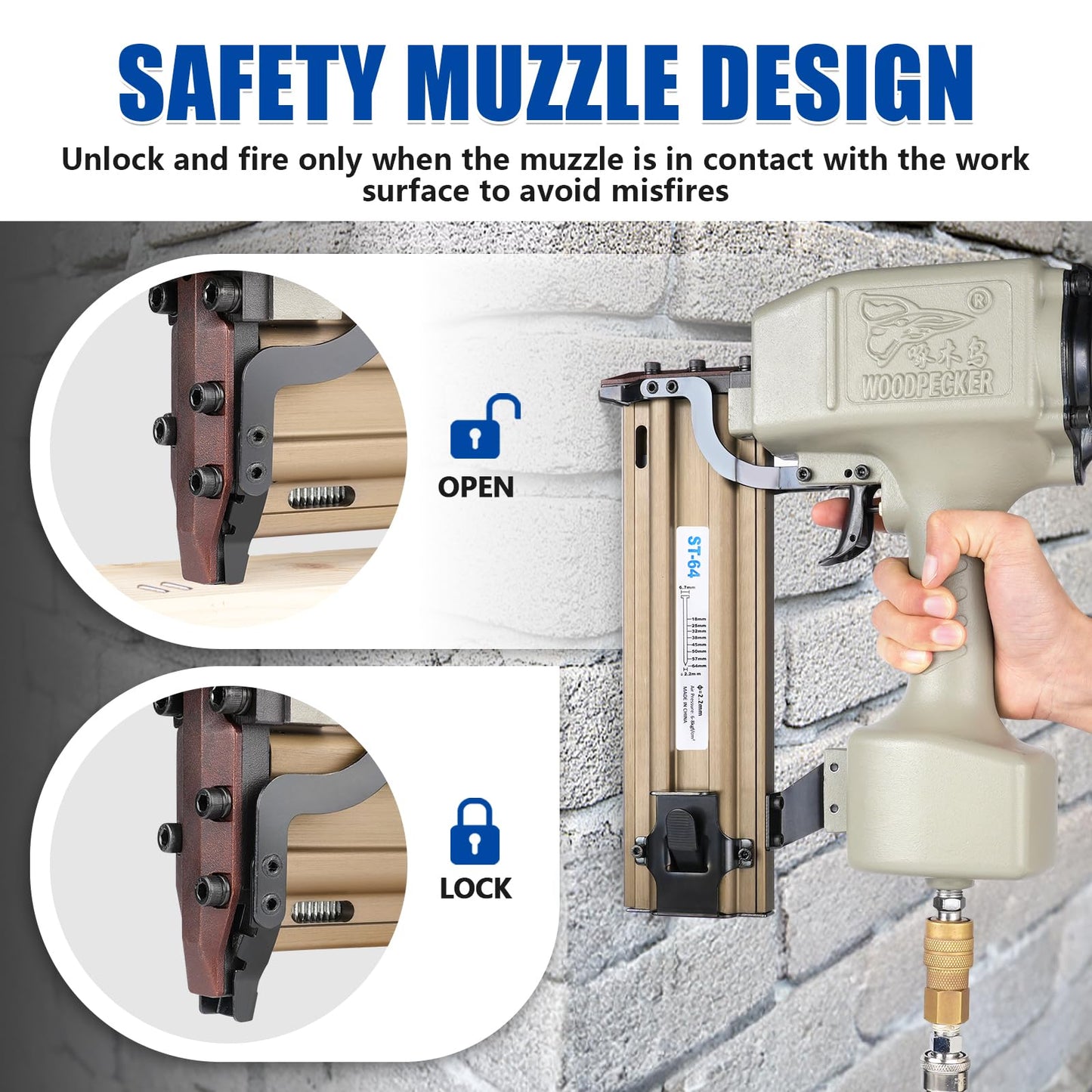 WOODPECKER ST64 Pneumatic Concrete T Nailer Kit with 1-1/2-Inch (38mm) T Nails × 800PCS
