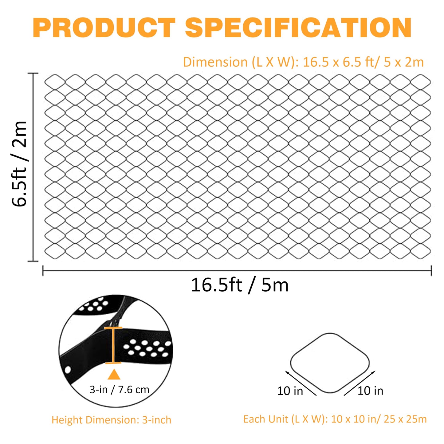 Sunnyglade 3" Thick Ground Grid 16.5 x 6.5 FT, Gravel Retainer 1880 LBS Per Sq ft, Geo Grid Driveway Stabilization for DIY Patio Walkway Driving RV Parking Slopes and Garden (Black, 6.5 x 16.5 FT)
