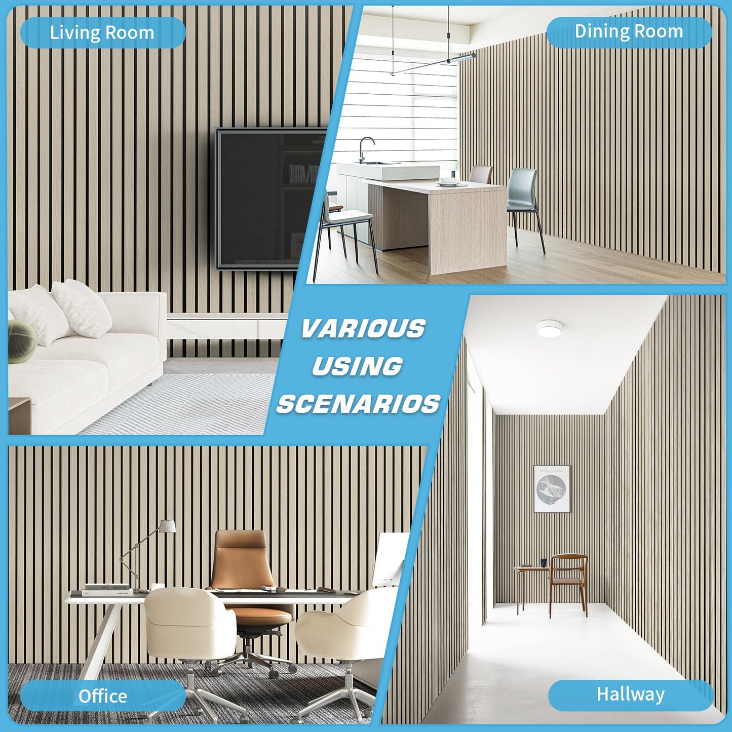 Art3d 4-Pack Glue-On Six-Grid Wainscoting Panel for Interior Wall Decor - 104 x 12 Inch Polystyrene Ultralight Slim Slat Wall Panels for Living Room Bedroom, Oak