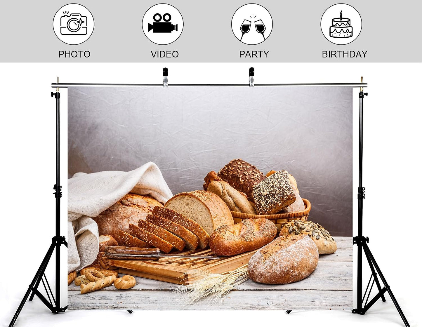 KeyWork 8x5ft Artisan Bread Assortment Backdrop Fresh Bakery Photography Background for Party Food Themed Gathering
