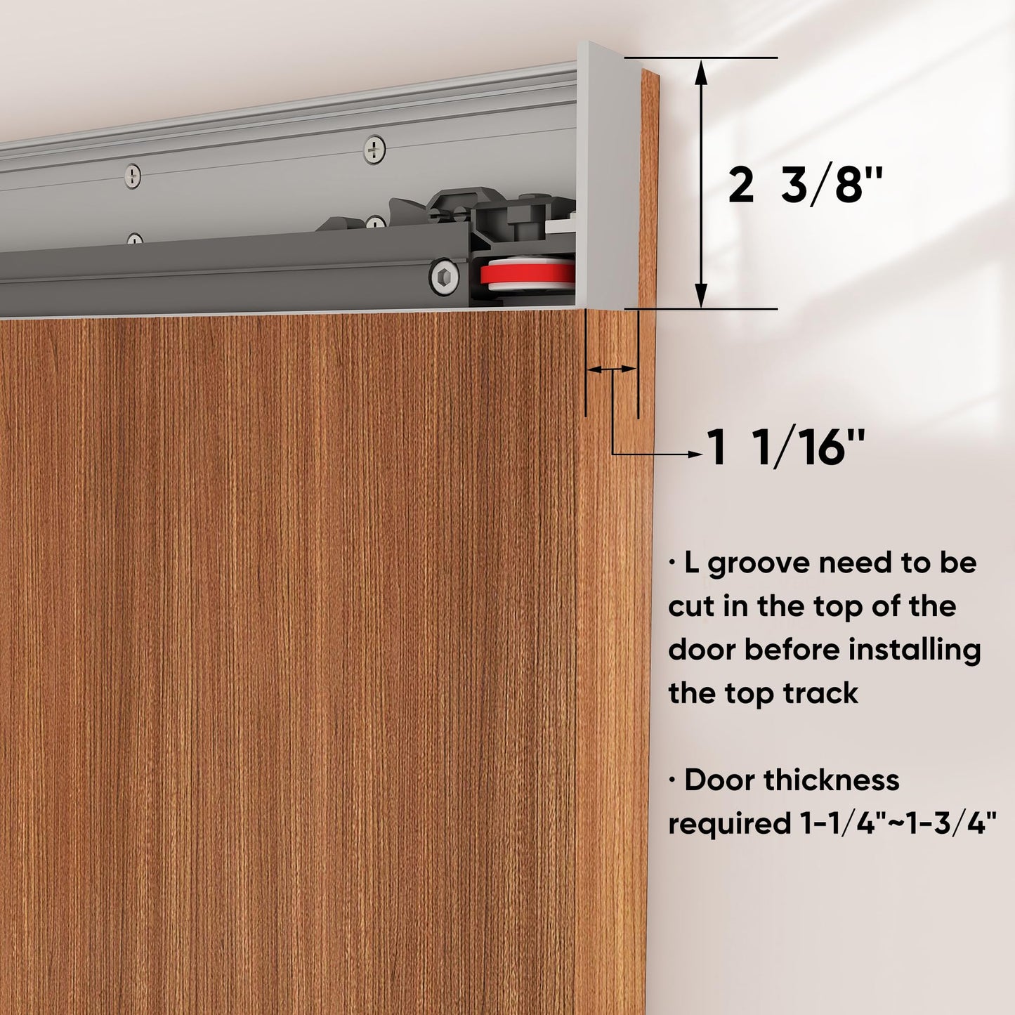 JUBEST 38" Concealed Barn Door Hardware Kit with Soft Close Mechanism, Wall Mounted Invisible Sliding Door Track for Opening Width 30" to 34", Hidden Barn Door Hardware Kit, Door Needs Groove
