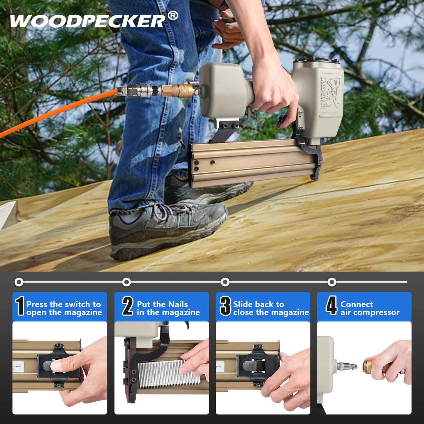 WOODPECKER ST64 Pneumatic Concrete T Nailer Kit with 1-1/2-Inch (38mm) T Nails × 800PCS