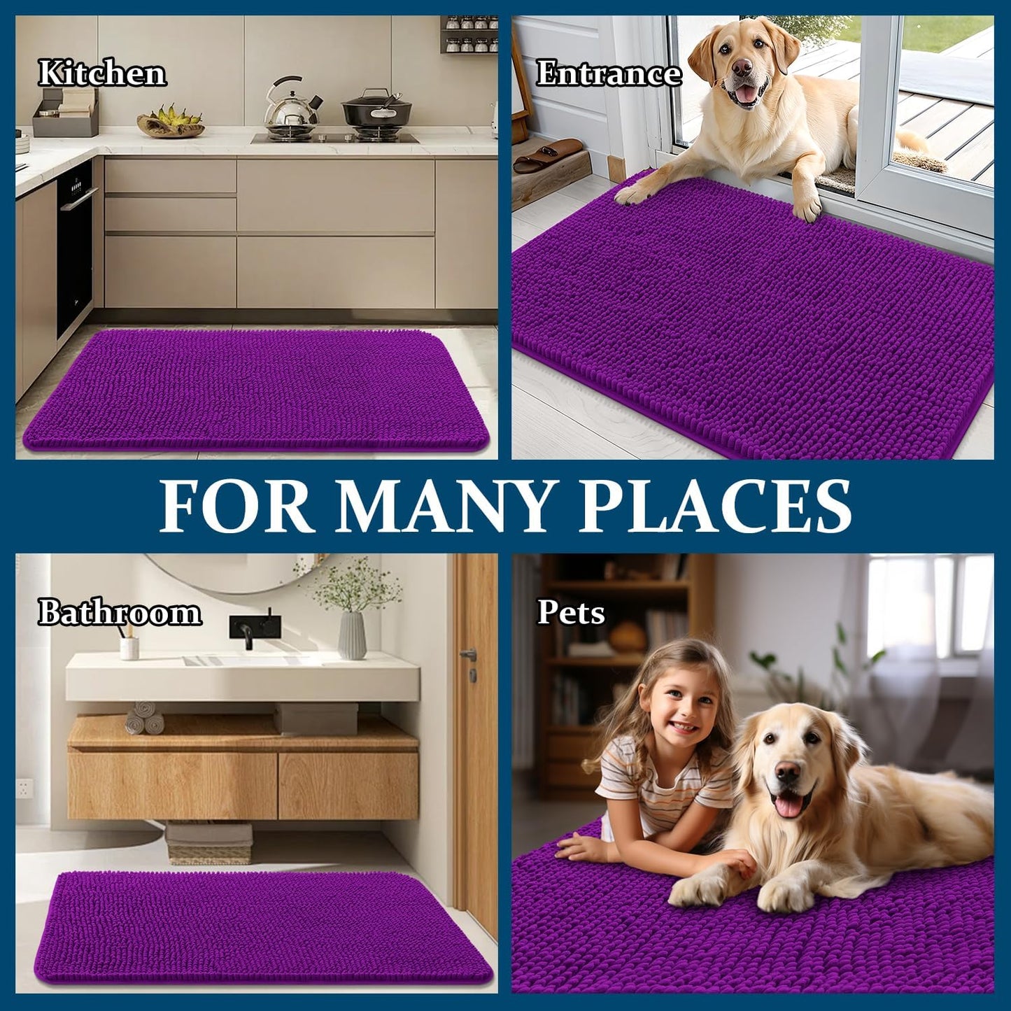 OLANLY Dog Door Mat - Absorbent Non-Slip Mud Mat for Indoor Use | 59x24 Inches, Quick Dry Chenille, Purple