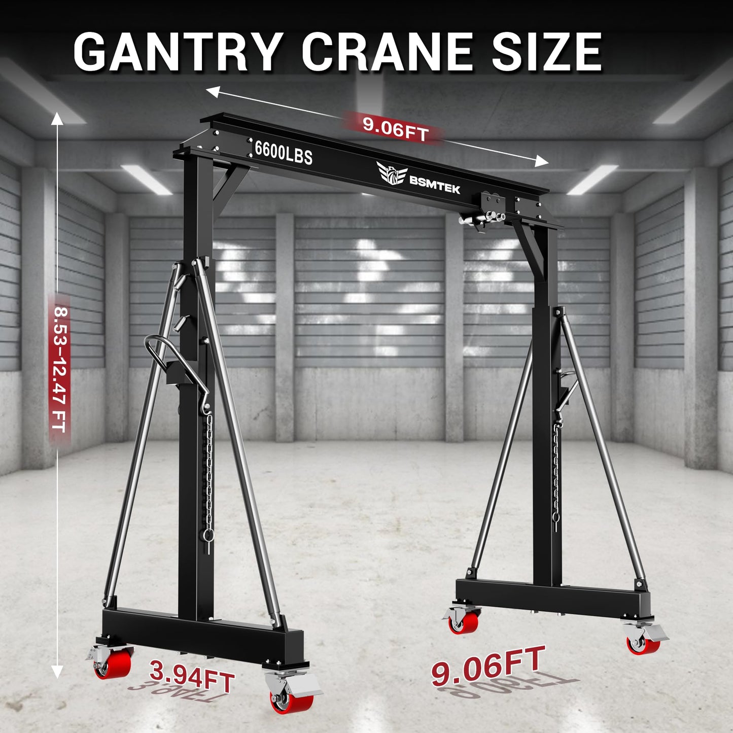 BSMTEK 3 Ton 6600LBS Gantry Crane, Upgraded Trolley, Adjustable Height (8.53-12.47 FT), Width (8.53 FT), Steel I-Beam Construction, Portable Shop Hoist for Factory, Warehouses, Repair