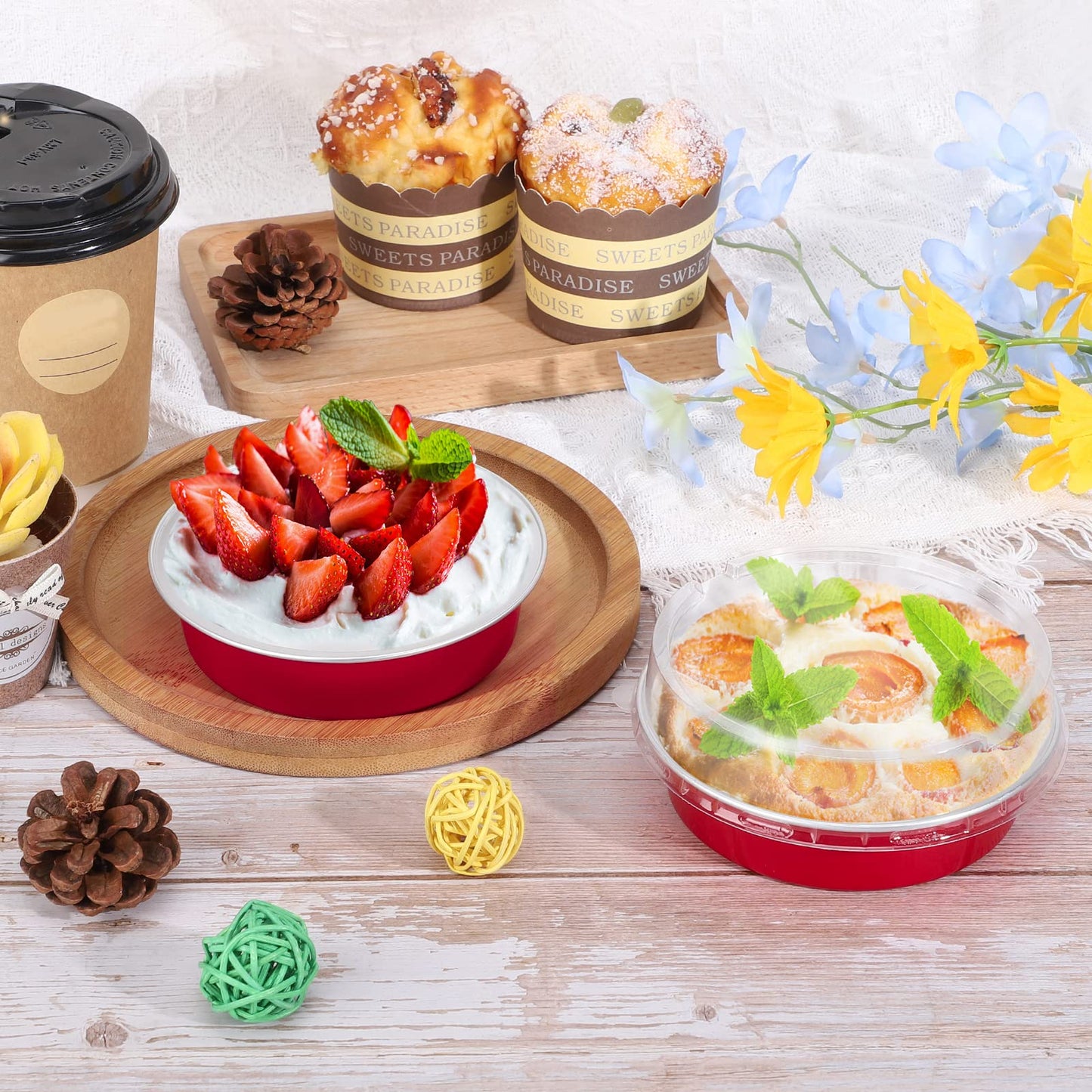 Beasea Disposable Mini Pie Tins with Lids, 50 Pack 4” 8oz Bright Red Aluminum Baking Foil Tins Small Round Tart Container for Individual Dessert Cupcake Muffin Cheesecake Ramekin Quiche Oven Dishes