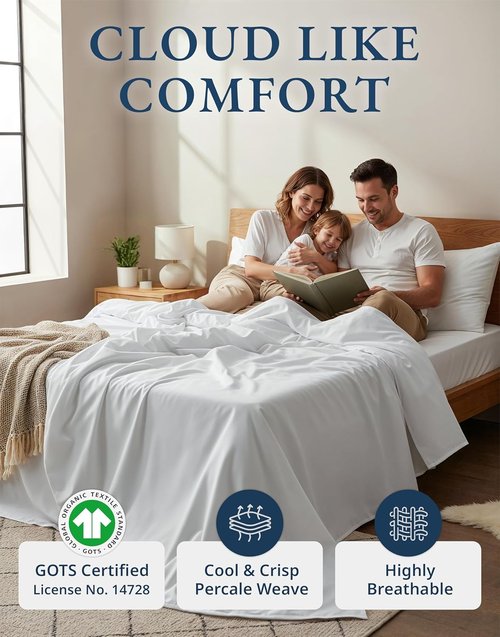 Lane Linen Eco-Friendly 100% Organic Cotton Queen Sheet Set - Soft, Comfy & Naturally Cooling | 15" Deep Pocket - White
