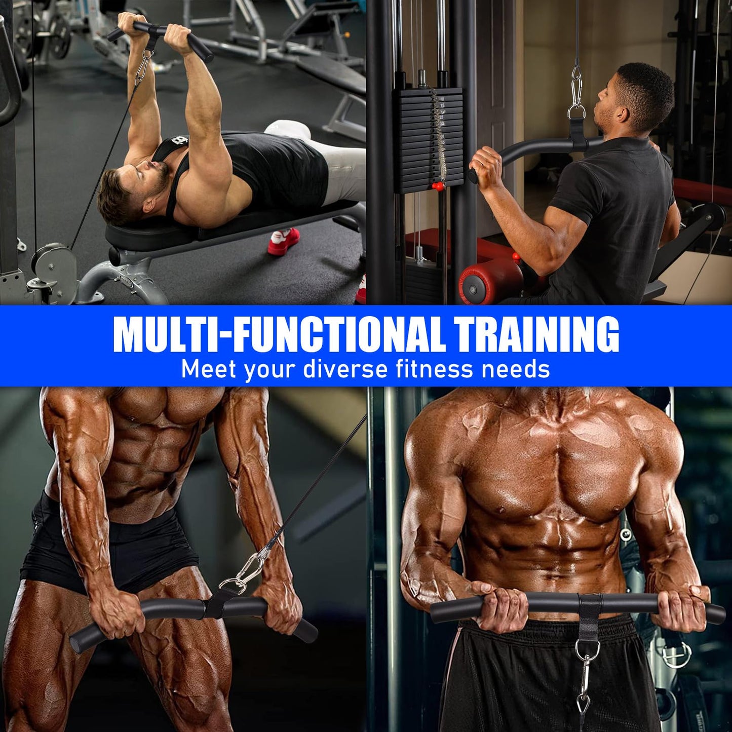 TOBWOLF Upgraded W-Shaped Lat Pull Down Bar, Lat Pulldown Attachment for Home Gym, Curl Triceps Press Down Bar Handle LAT Bar, Single D-Handle Tricep Press Down Bar With Full Wrapped EVA Rubber Handle
