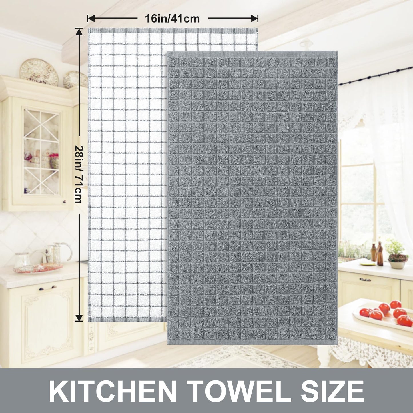 Homaxy Premium Cotton Kitchen Towels 16"x 28", Large Natural Ring Spun 390 GSM Dish Towels, Super Absorbent Terry Kitchen Hand Towels, Soft Tea Towels with Hanging Loop, Grey Check Design, 6 Pack