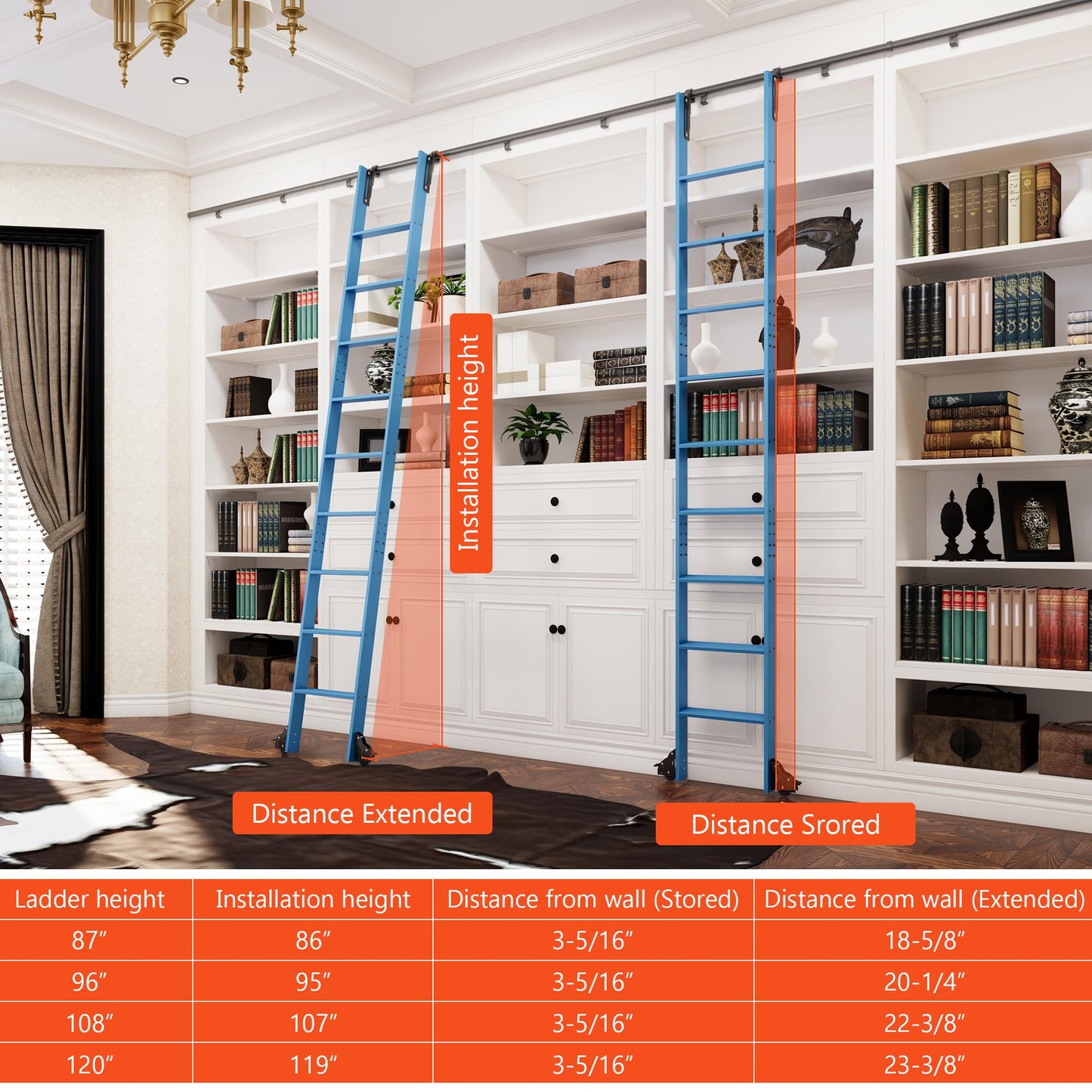 96" Sliding Library Ladder, Blue +8FT Rolling Track Kit