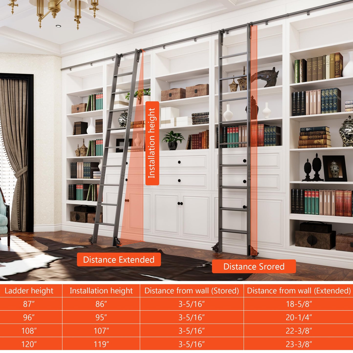 96" Sliding Library Ladder, Black +8FT Rolling Track Kit