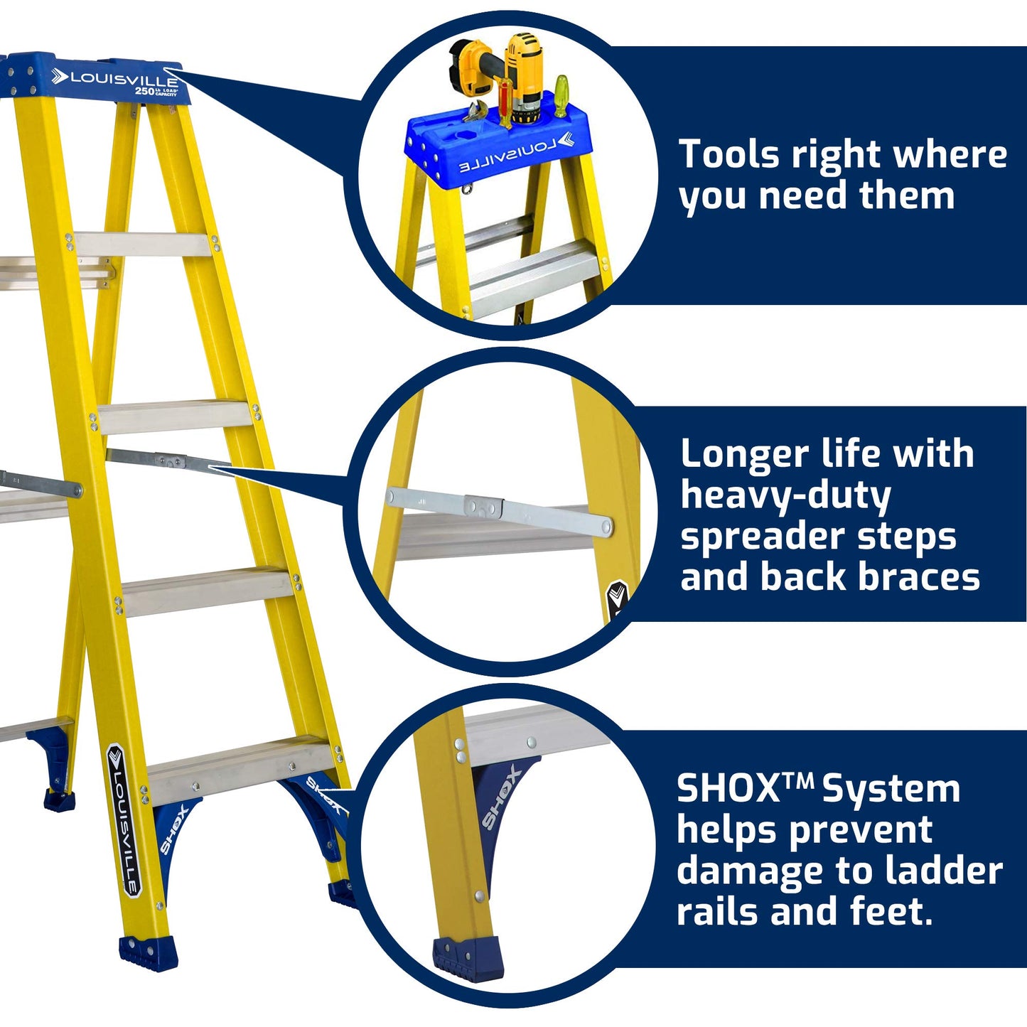 Louisville Ladder FS2005 Fiberglass Step Ladder, 5-Feet/250lb, Yellow & LITE 2' Fiberglass Step Stool Ladder, 300-Pound Capacity, Type IA, LP-3011-02