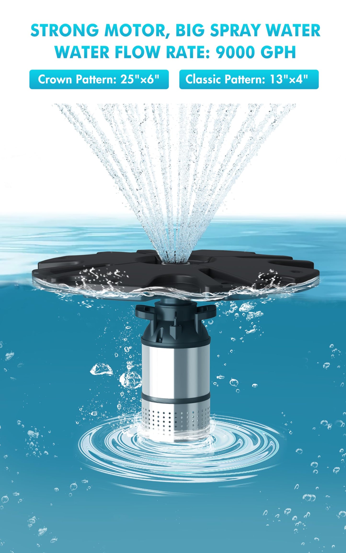 FS02 110V, 1/2 HP, Large Pond Floating Fountain with LED RGB Lights, Oil Free Pump 9000 GPH with 100’ Cord, Two Spray Patterns Included