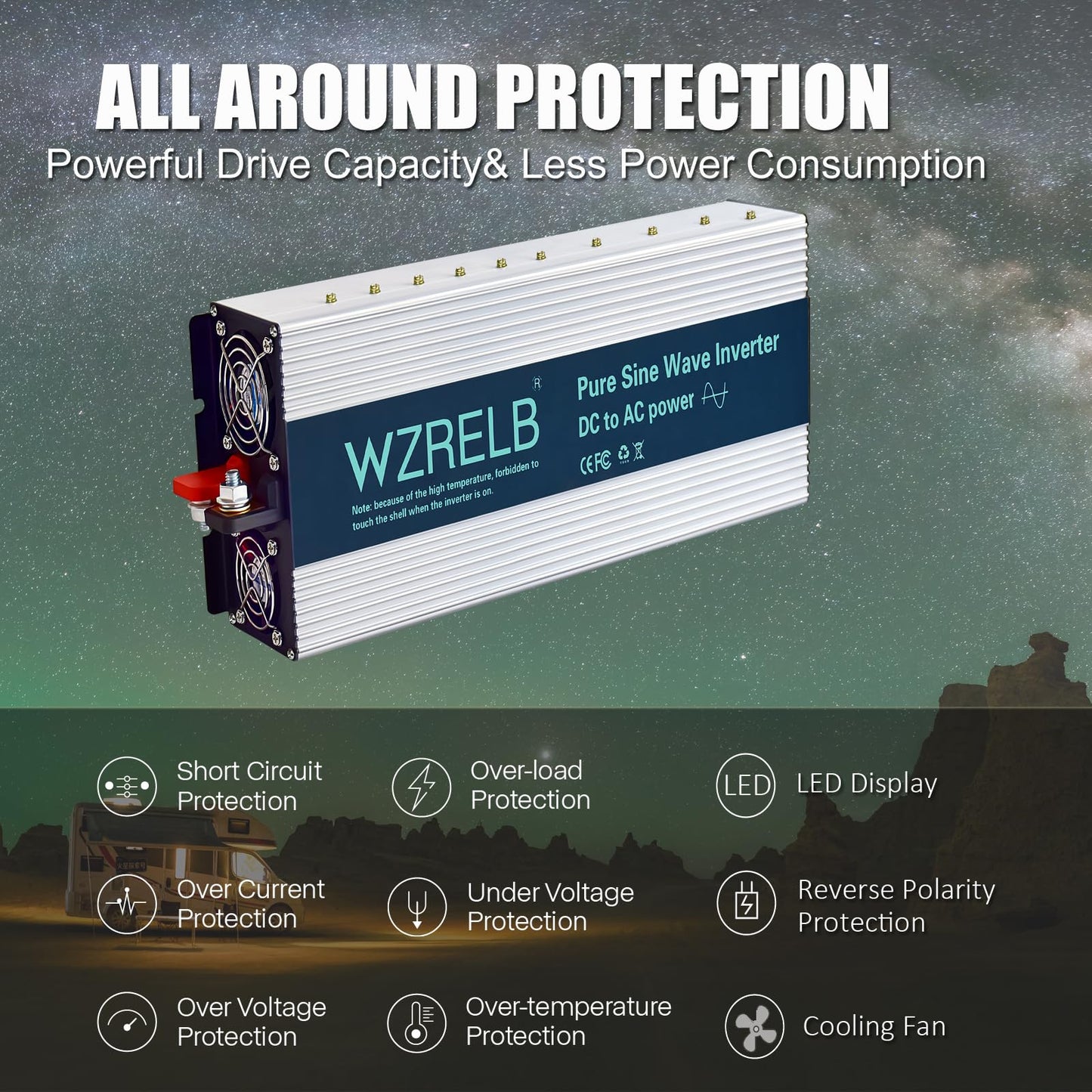 WZRELB 3000W Pure Sine Wave Inverter 24V DC to 110V 120V AC Power Converter with LED Display, Hardwire Terminal,Off-Grid Portable Power Inverter with Dual AC Outlets for Home, RV, Truck, Camping