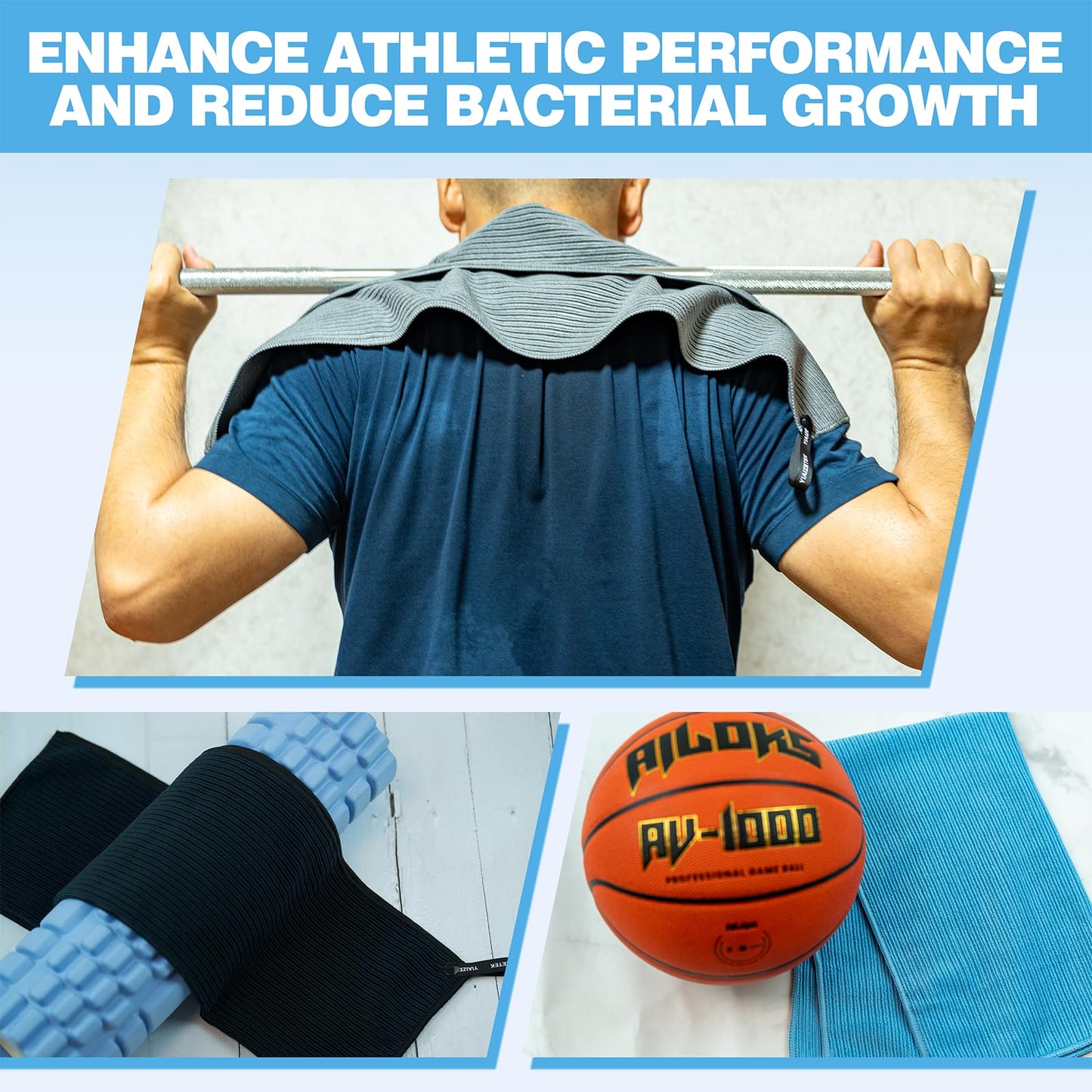 Microfiber Gym Towels with Snap Straps, Yoga Towel for Home and Gym, 16 Inch x 28 Inch, 6 Pack (Grey/Blue, 16" x 28")