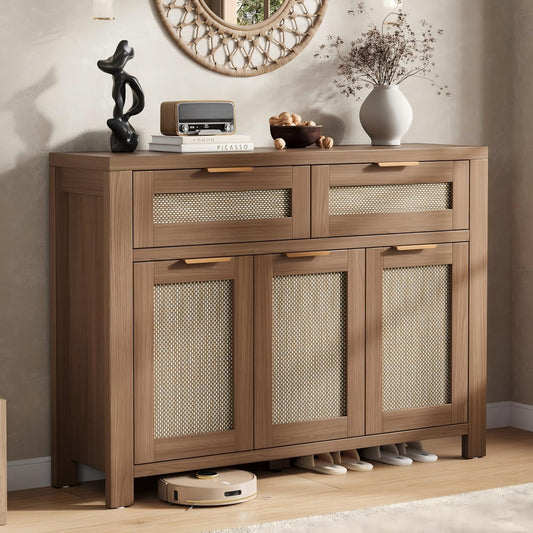 Garvee Rattan Buffet Cabinet, Boho Sideboard with 2 Drawers, Adjustable Shelf, High-Leg Storage Cabinet with Anti-Tip Hardware,for Kitchen,Dining Room,Entryway,Living Room, Light/Dark Oak