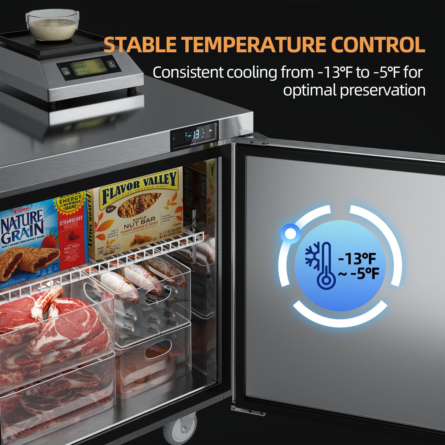 Coolski 48”W Commercial Freezer Undercounter Worktop, 13.4 Cu.ft. Stainless Steel Worktop Food Prep Freezer, -13℉to -5℉, Double Door 2 Shelves Fridge for Restaurant/Bar/Diner/Kitchen Use