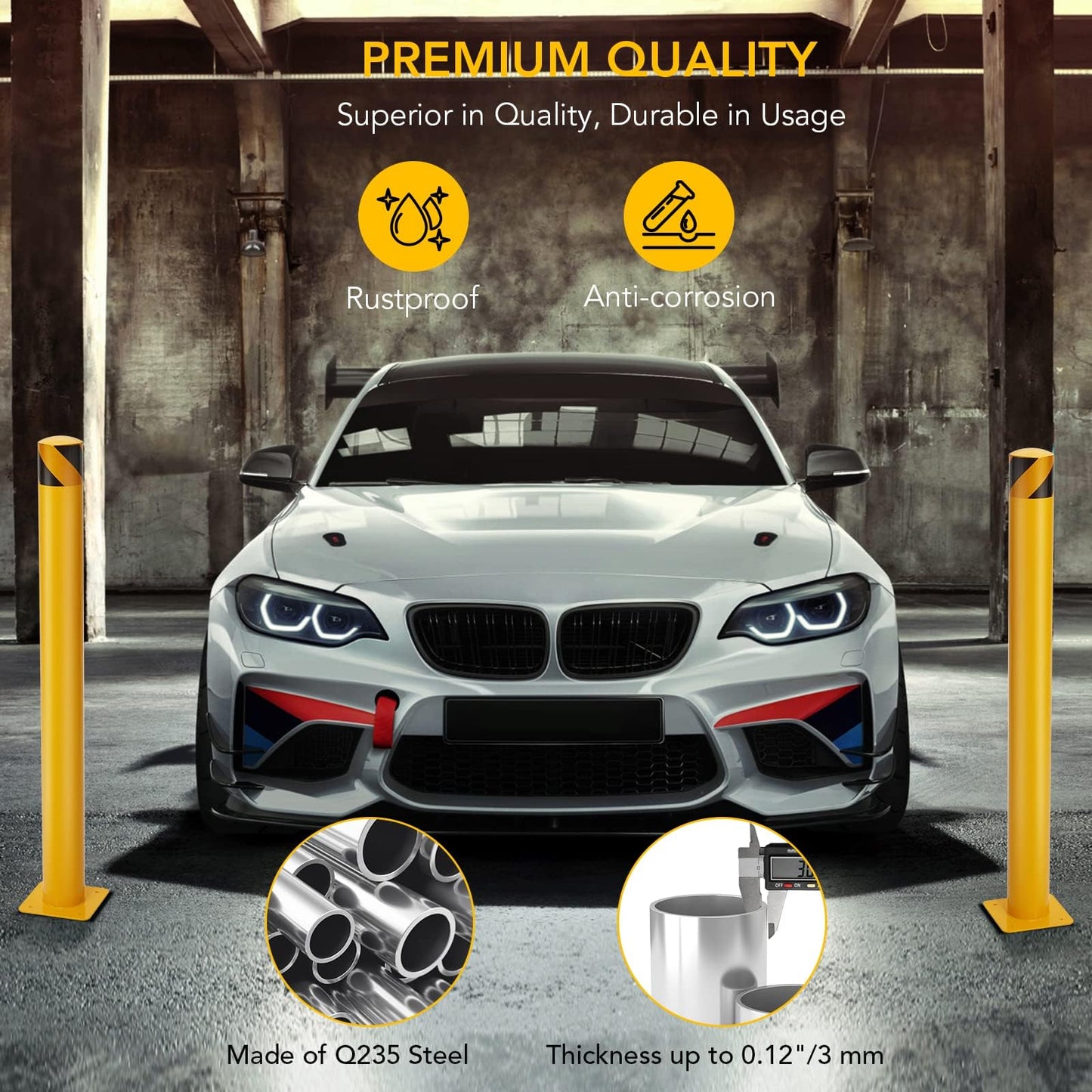 4 Packs 42 Inch Safety Bollard Post, 4.5 Inch Diameter Steel Pipe Bollard with 16 Anchor Bolts, Heavy Duty Yellow Steel Bollard for Parking Lot Security, Driveway Barrier, Warehouse Entrance