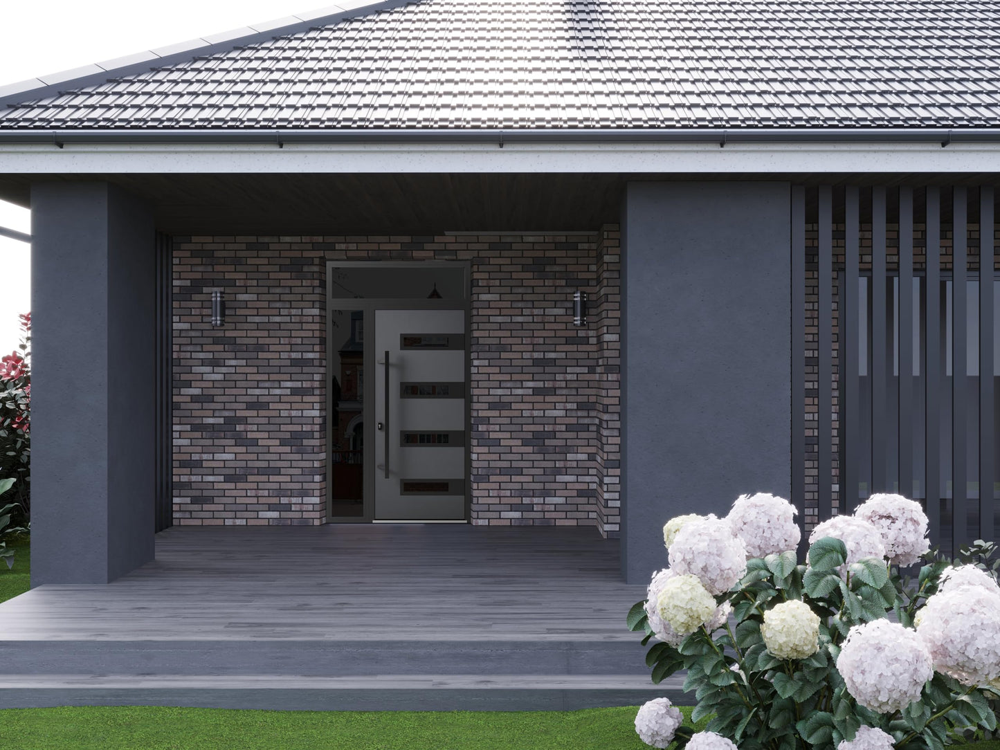 Front Exterior Prehung Steel Door/Ronex 0131 Grey/Side and Top Exterior Window Sidelite/Entry Metal Modern Painted W36+12" x H80+16" Right Hand Inswing