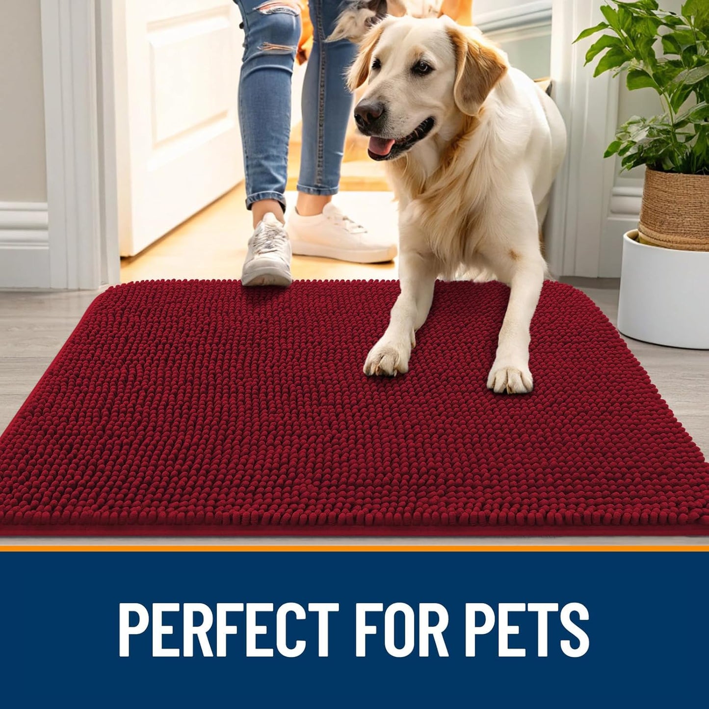 OLANLY Dog Door Mat - Absorbent Non-Slip Mud Mat for Indoor Use | Quick Dry Chenille, 50x30, Red
