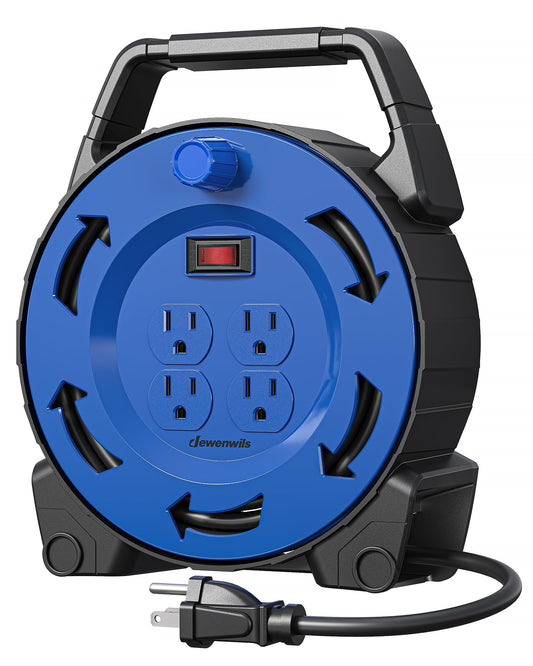 DEWENWILS Extension Cord Reel with 30 FT Power Cord, Hand Wind Retractable, 16/3 AWG SJTW, 4 Grounded Outlets, 13 Amp Circuit Breaker, Blue/Black, UL Listed