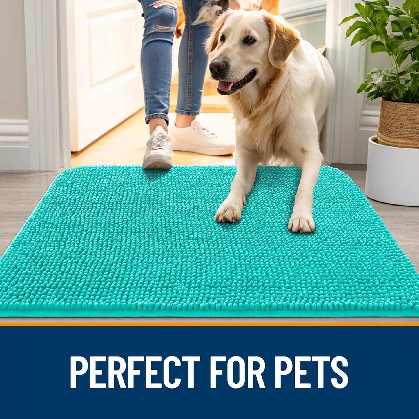 OLANLY Dog Door Mat - Absorbent Non-Slip Washable Doormat for Muddy Paws | Quick Dry Chenille 54x32, Teal