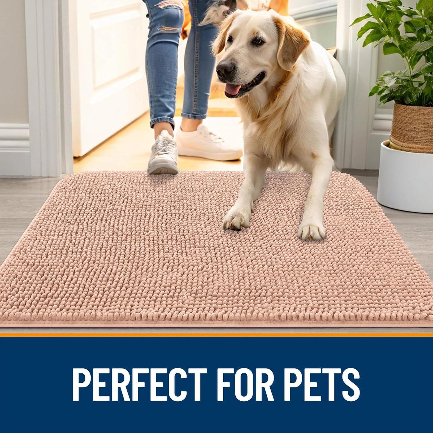 OLANLY Dog Door Mat - Absorbent Non-Slip Chenille for Muddy Paws | Quick Dry 59x32 Peach Indoor Carpet
