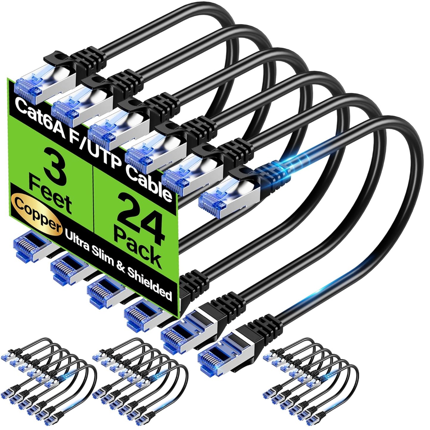 TuokaJu Cat6A 10Gbps 3 (24 Pack), 6, 28AWG Cat6 6a Ethernet Cable Shielded ft Slim Shielded (F/UTP) Ethernet Cable Cat