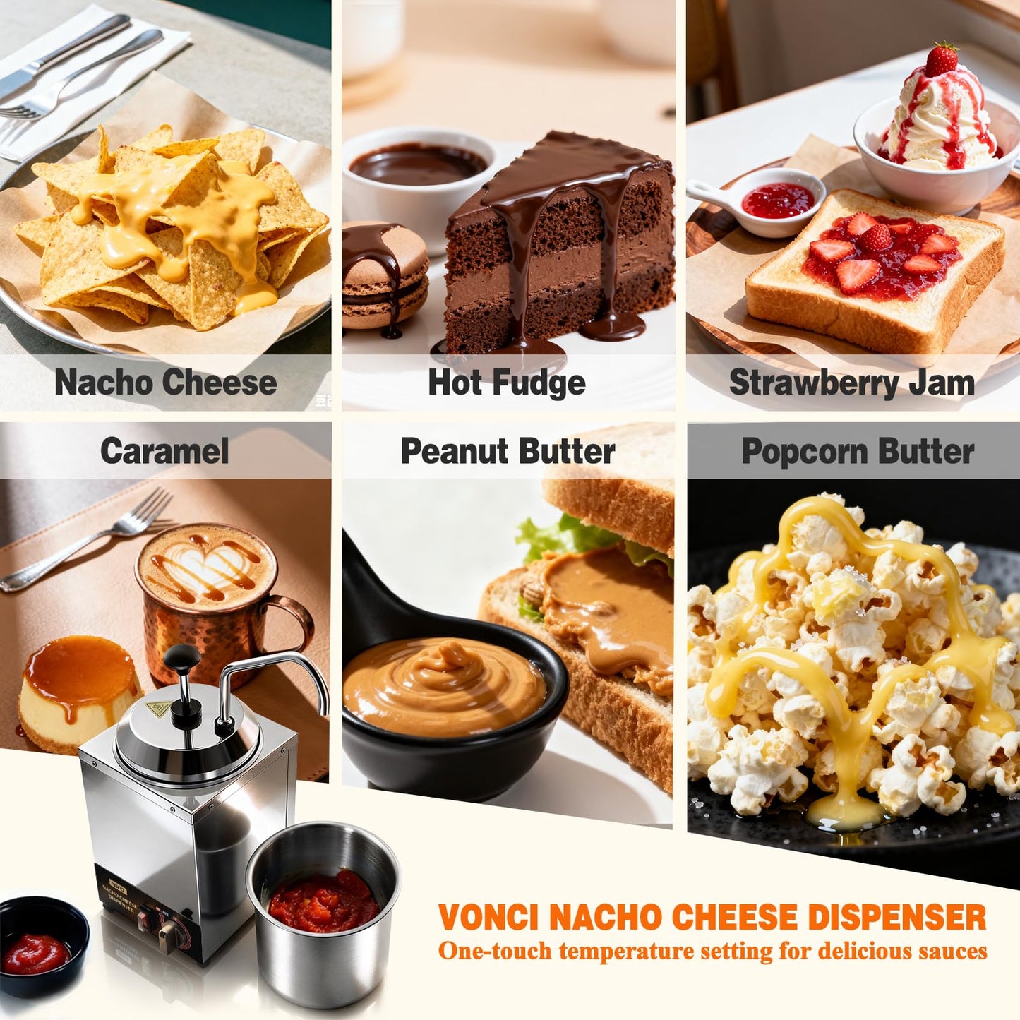 VONCI Nacho Cheese Dispenser, 2.8 Qt（2.5L）Nacho Cheese Warmer with Stainless Steel Pump, Hot Fudge Dispenser with 6-Level Temperature Control, Commercial Cheese Dispenser for Hot Fudge Cheese Caramel