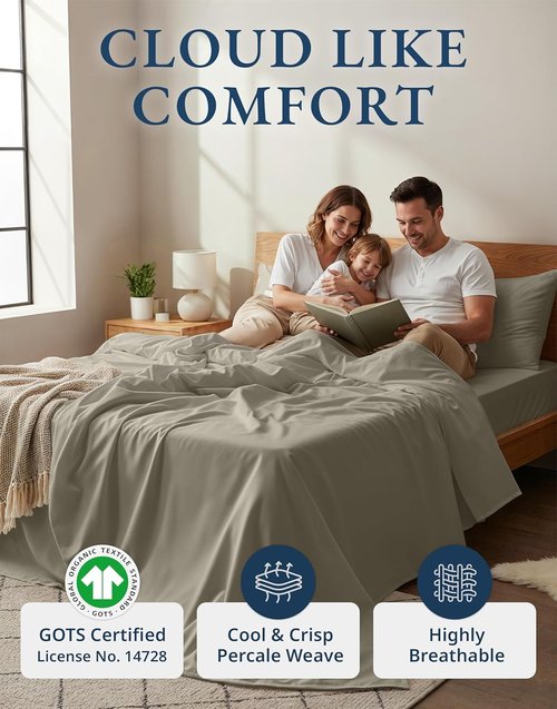 LANE LINEN 100% Organic Cotton Queen Sheets - Soft, Naturally Cooling Percale Weave Set in Silver