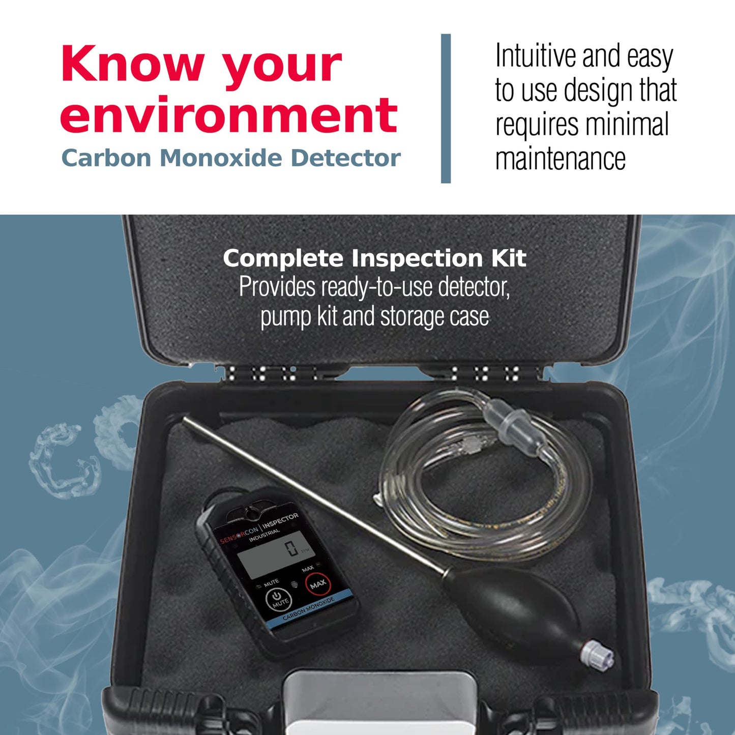 Sensorcon Inspector 2 Industrial CO Detector Kit with Pump Assembly and Probe Kit – Portable Carbon Monoxide Detector with Visual, Audible and Vibrating Alerts
