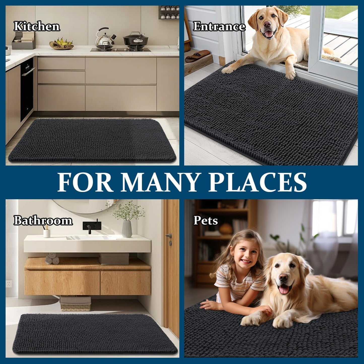 OLANLY Dog Door Mat - Absorbent Non-Slip Mud Mat for Indoor Use | Quick Dry Chenille, 59x35, Dark Grey
