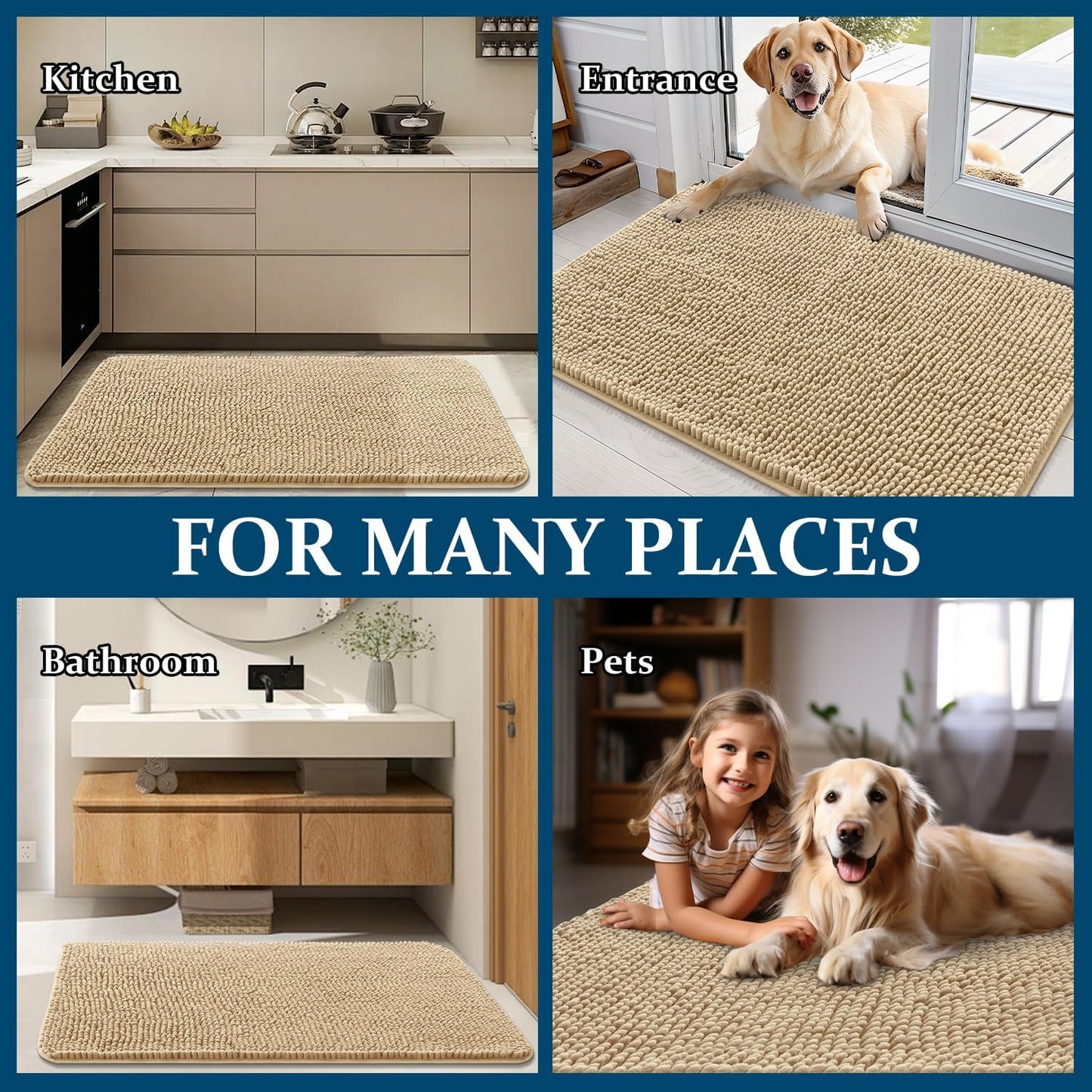 OLANLY Dog Door Mat - Absorbent Non-Slip Chenille Mat for Muddy Paws | 44x32 Beige Quick Dry Doormat