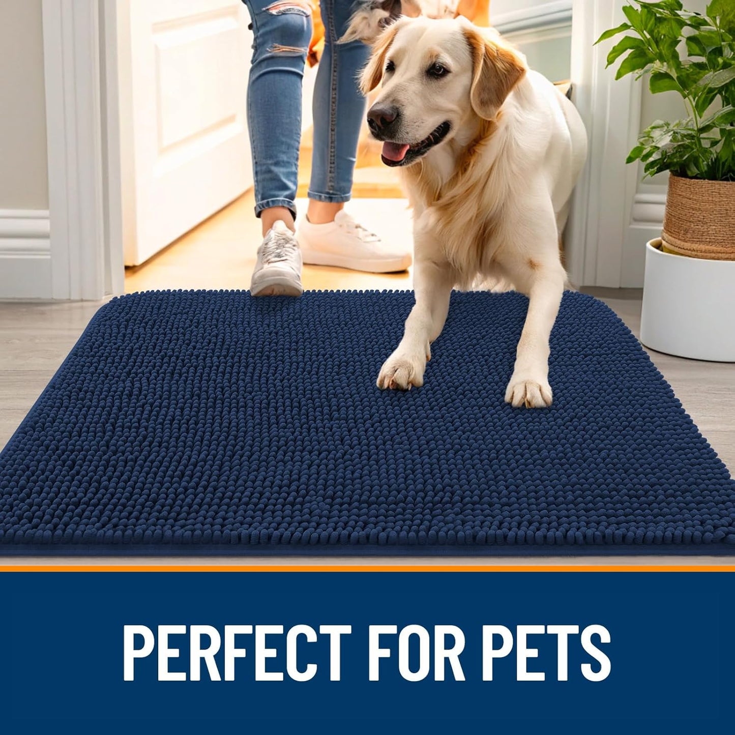 OLANLY Dog Door Mat - Absorbent Non-Slip Chenille for Muddy Paws | 32x20 Dark Blue Quick Dry Doormat