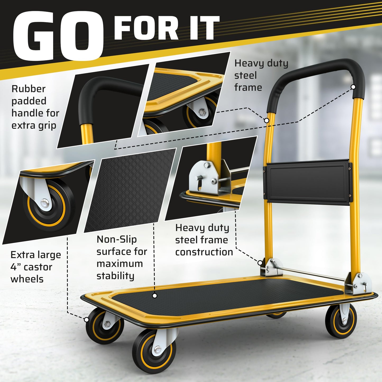 Heavy Duty Foldable Push Cart Dolly | 330 lbs. Capacity | Upgraded Collapsible Hand Truck Folding Platform with Swivel Wheels | Flat Bed Moving Wagon | Space Saving Push Handle (Yellow)