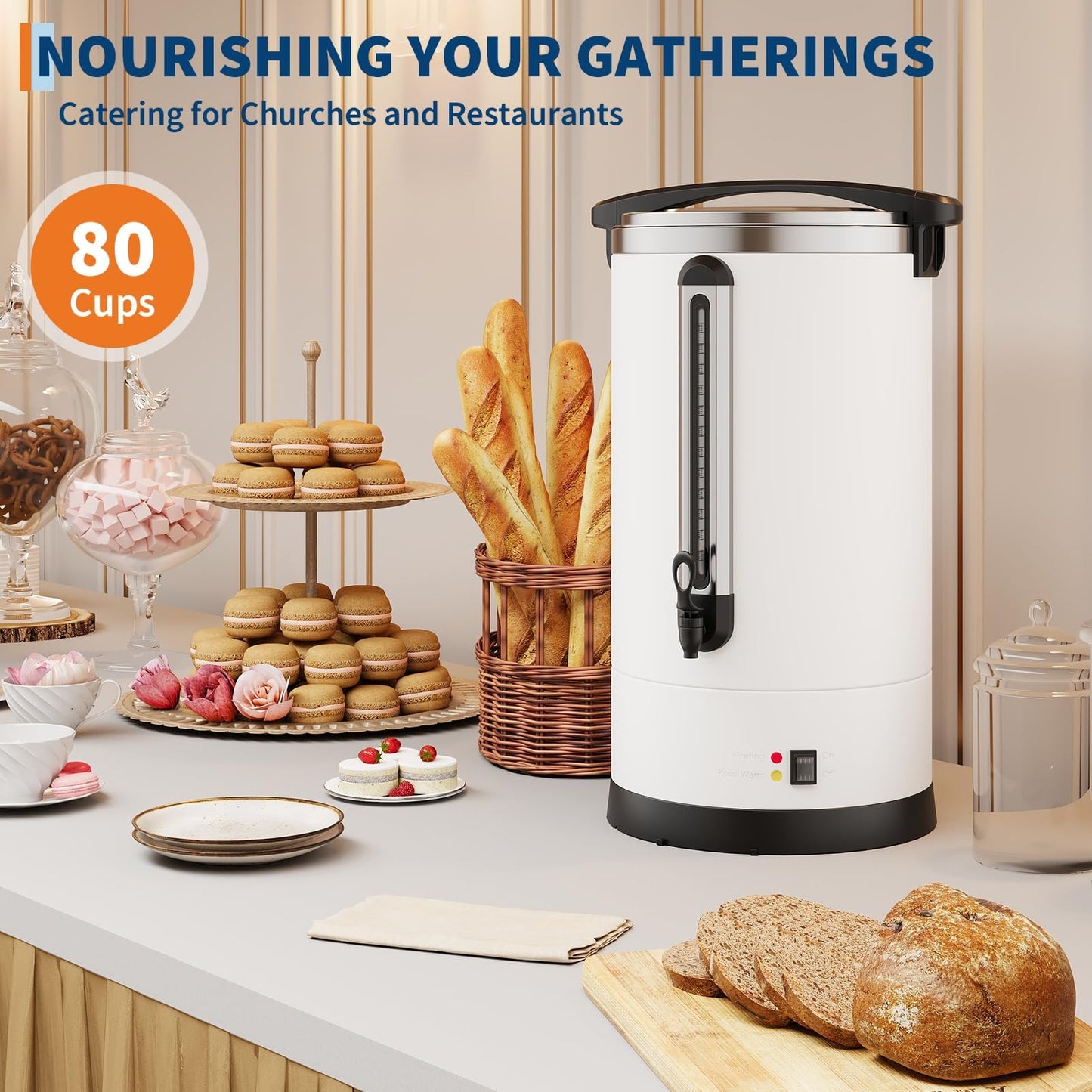 80 Cups Large Coffee Urn with Double Wall Insulation, 12L/3.2 Gallon Stainless Steel Commercial Electric Coffee Maker with Hot Drinks and Hot Water, for Weddings, Parties, Catering, and Buffets