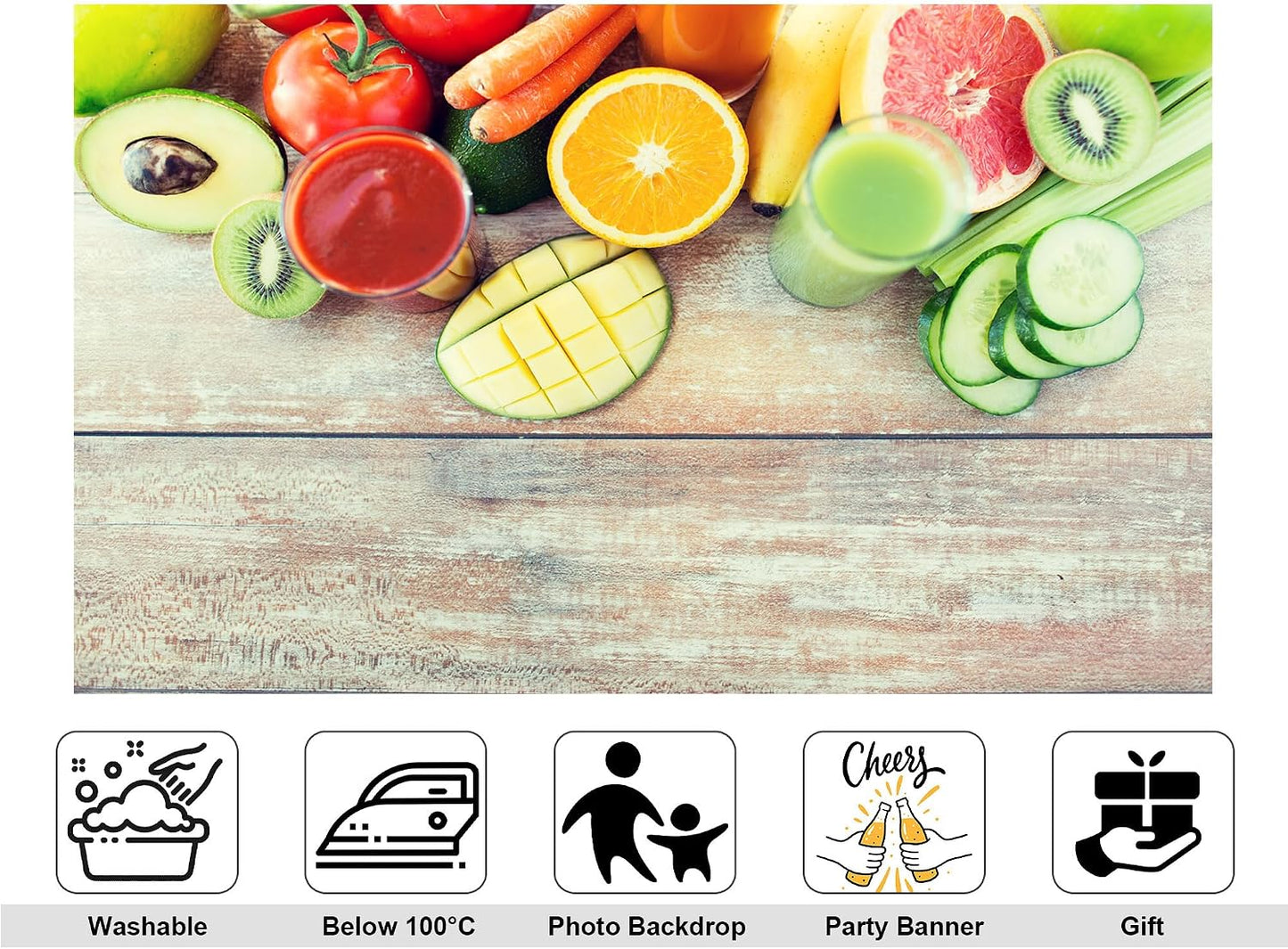 KeyWork 10x10ft Fresh Fruit Smoothie Backdrop Colorful Produce Wooden Table Photography Background for Healthy Themed