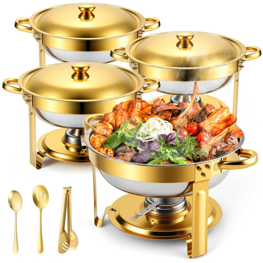 Chafing Dishes Buffet Food Warmer - Parties Servers Trays Catering Dish Warming Display Set - Chafers Keep Warm Serving Tray Round Heating Kit with Burners 4 Set Gold