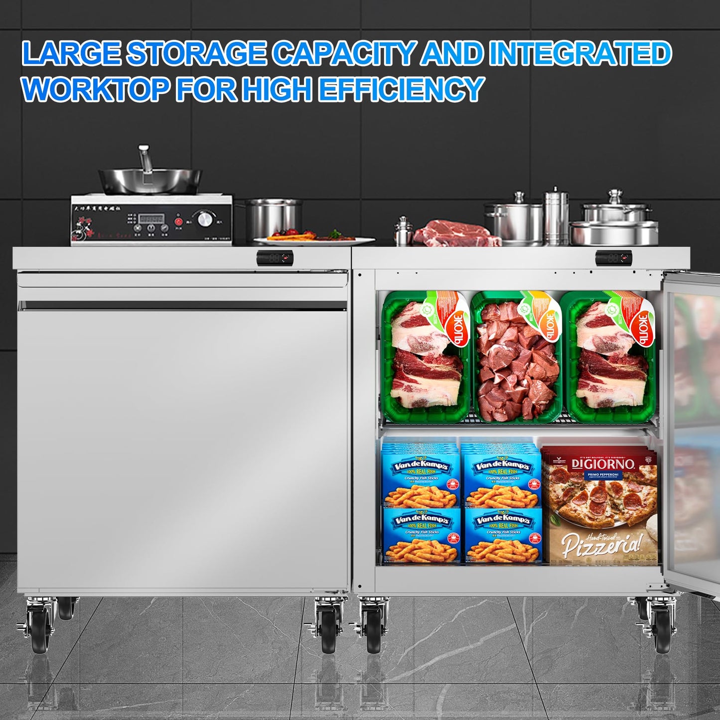 Rockitch 60" W Commercial Undercounter Freezer, 14.1 Cu.ft Stainless Steel Worktop Freezer, 2 Doors Fan Cooling Kitchen Fridge with Adjustable Shelves for Restaurant Food Prep, ETL Approved