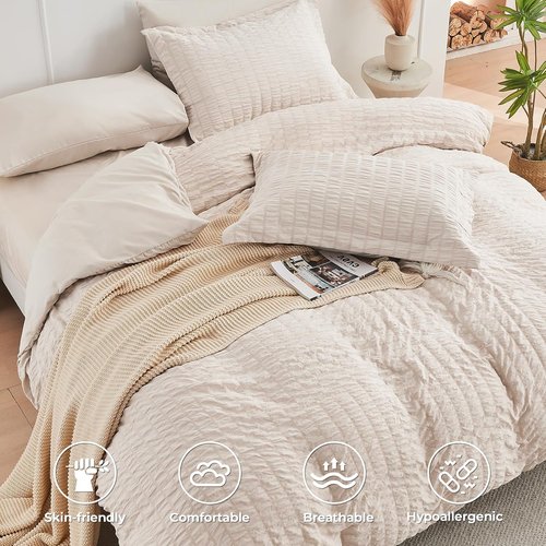 HYMOKEGE King Comforter Set - Luxury 7-Piece Beige Seersucker Bedding Set for All Seasons | Includes Comforter, Sheets, Pillowcases & Shams