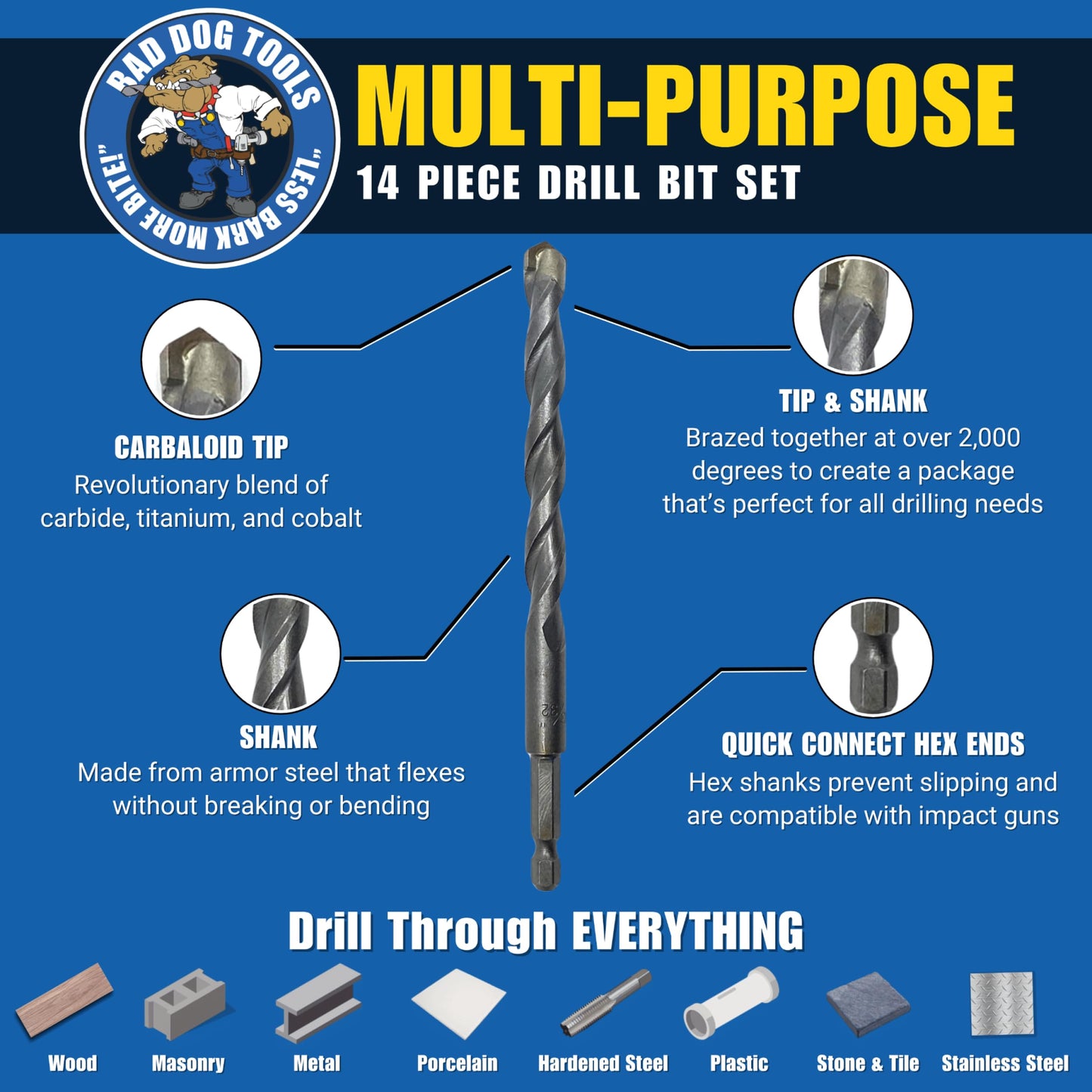 Bad Dog Multipurpose Drill Bits (14 Piece) Full Package: Includes 14 Piece Drill Bits, Diamond Sharpener Wheel (with arbors), & Dried Drool Wax