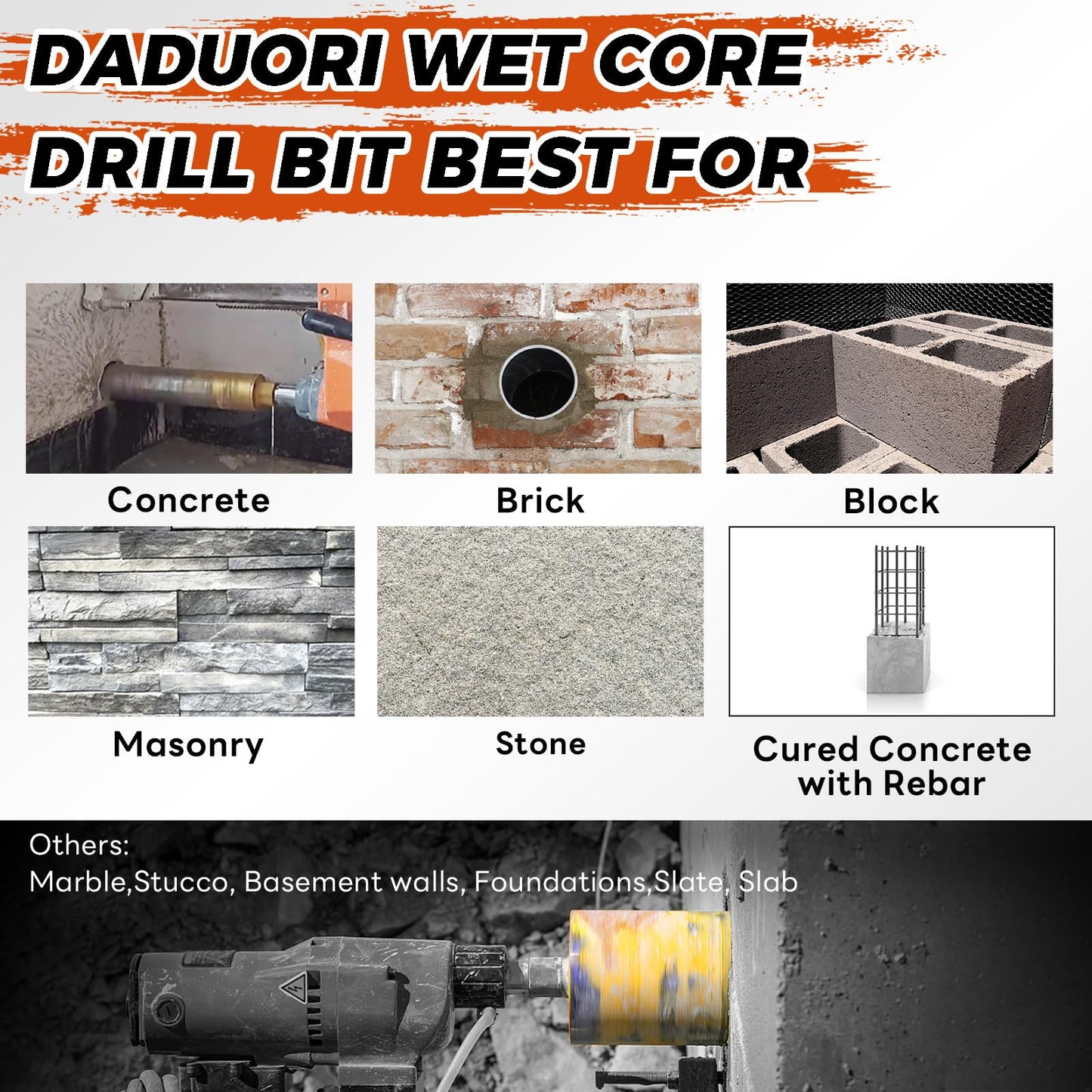 DaduoRi 6" Wet Core Drill Bit with Water Injection Capable Adapter for 1/2" Hex Shank - Includes Solid Brass Quick Connector and Hose - Convenient 1 1/4"-7 Thread Core Bit with Water Feed Design