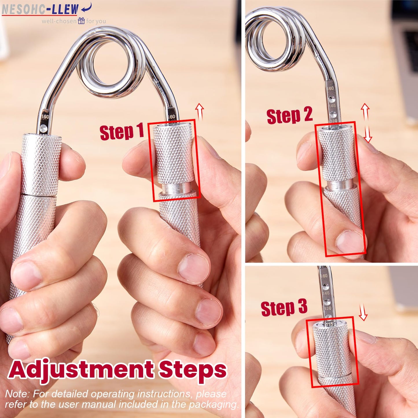 Hand Gripper Strengthener, 40–160 lbs Adjustable Resistance, All-Metal Grip Trainer with Carbon Steel Spring and Aluminum Handles