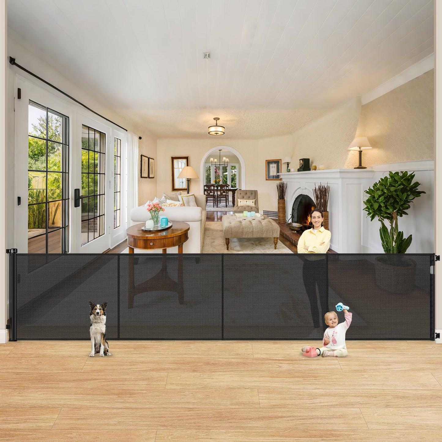 Reinforced 42" Extra Tall Retractable Dog Gate, 200" Extra Wide Baby Gate with Support Rods-Prevent Crawling Through, Outdoor/Indoor Baby Fence/Barrier/Blocker for Home, 16ft Retractable Garage Gate