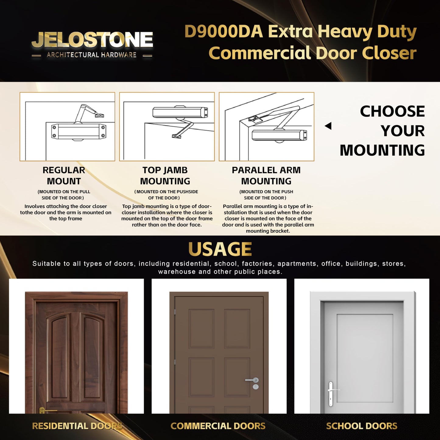 JELOSTONE Extra Heavy Duty Commercial Door Closer D9000DA Automatic Door Closer, Surface-Mounted Auto Door Closer, Size 1-6 Commercial Door Closer Heavy Duty for Heavy Traffic Areas, Matte Black